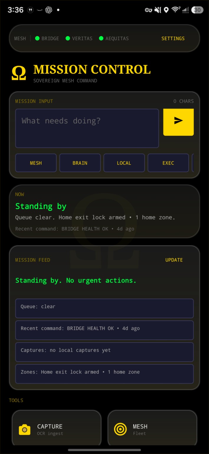 Omega SMC Mission Control Android screen showing healthy mesh status and mission feed